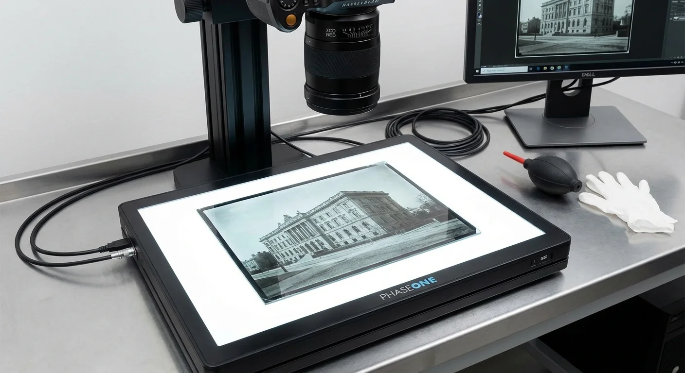 A glass negative illuminated from below on a light table for digital capture.