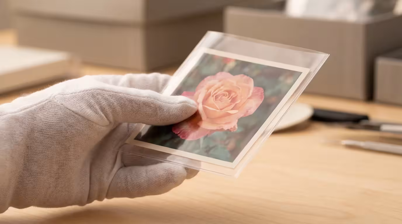 A gloved hand holding a photograph inside a professional archival sleeve.