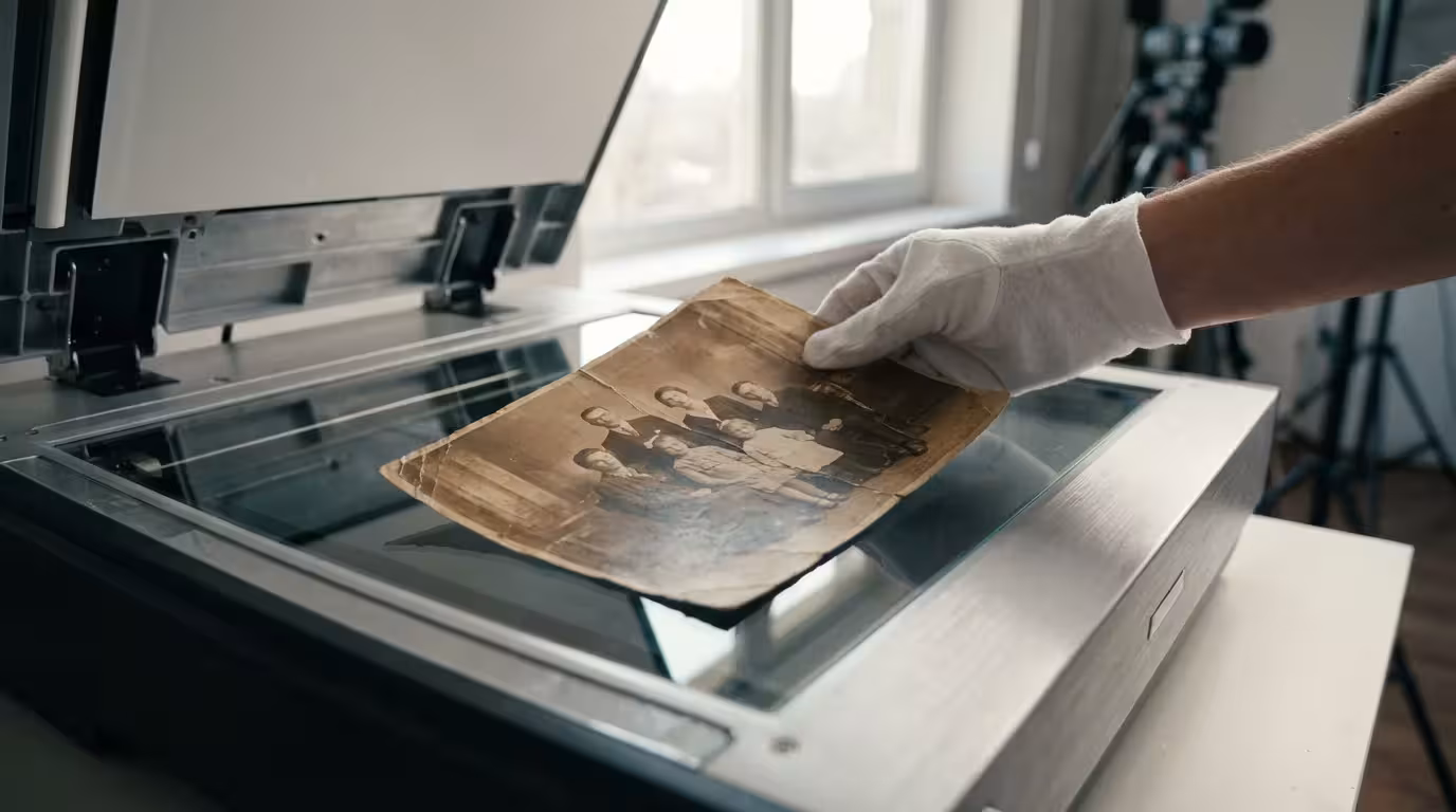 A gloved hand placing a vintage sepia photograph onto a high-end flatbed scanner.