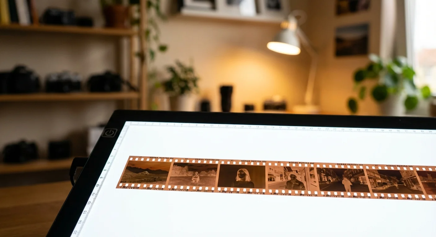 A glowing LED light pad illuminating a strip of color negatives in a dark room.