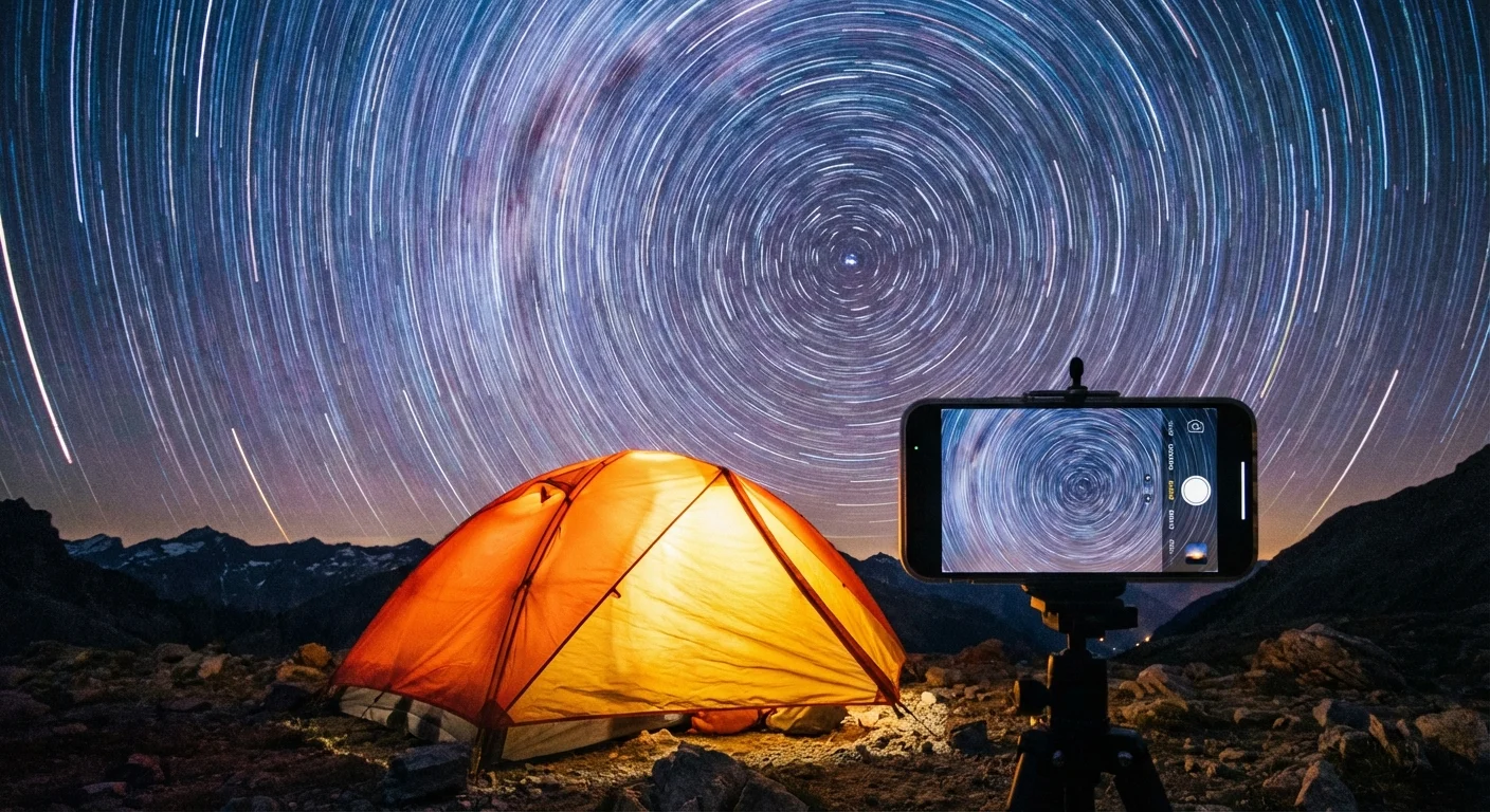 A glowing orange tent framed against a starry night sky to show composition.