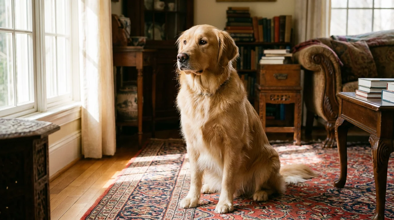 A golden retriever sitting in a sunny room with clear, bright eyes.