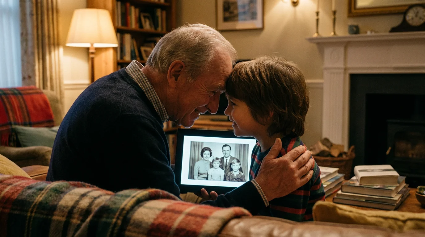 A grandfather and granddaughter looking at digital photos together in a cozy room.