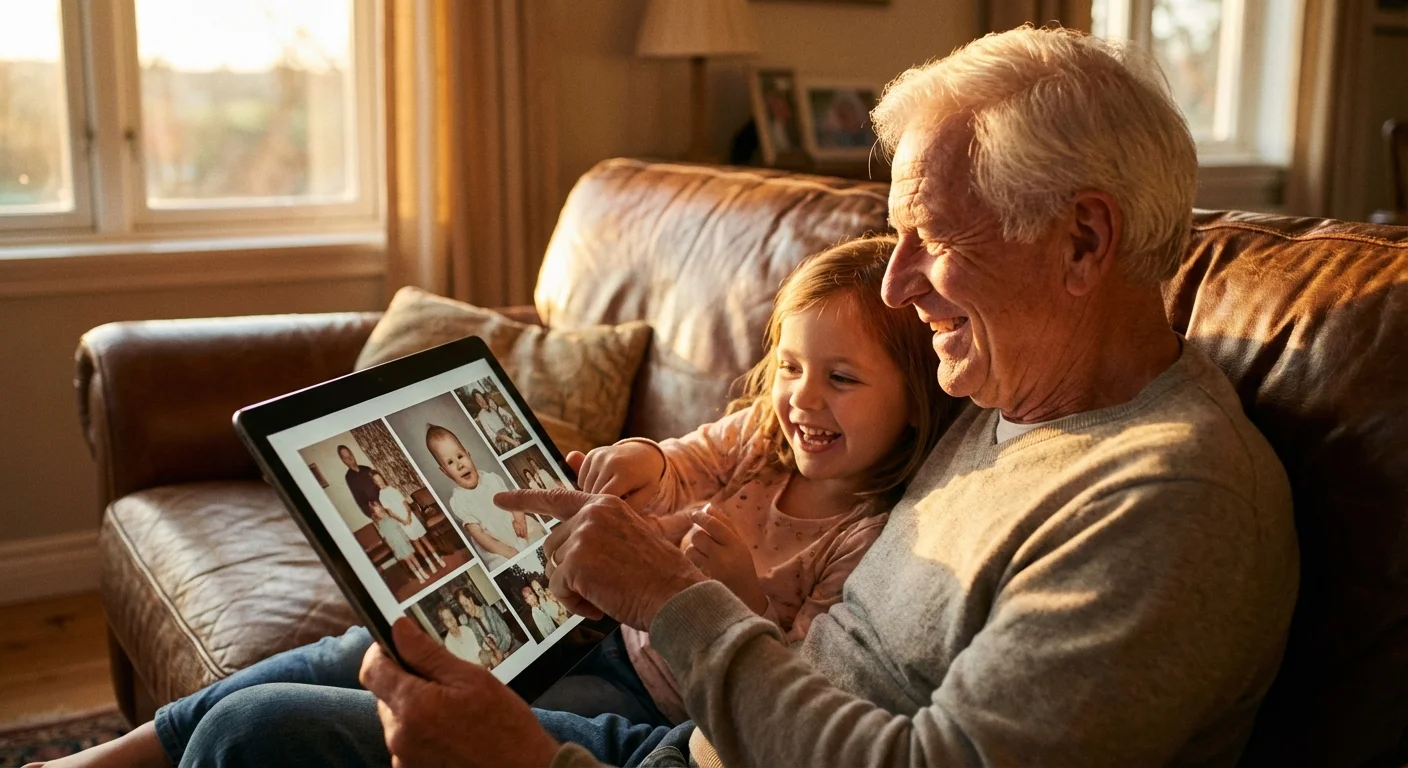 A grandfather and granddaughter sharing stories while looking at digital photos on a tablet.