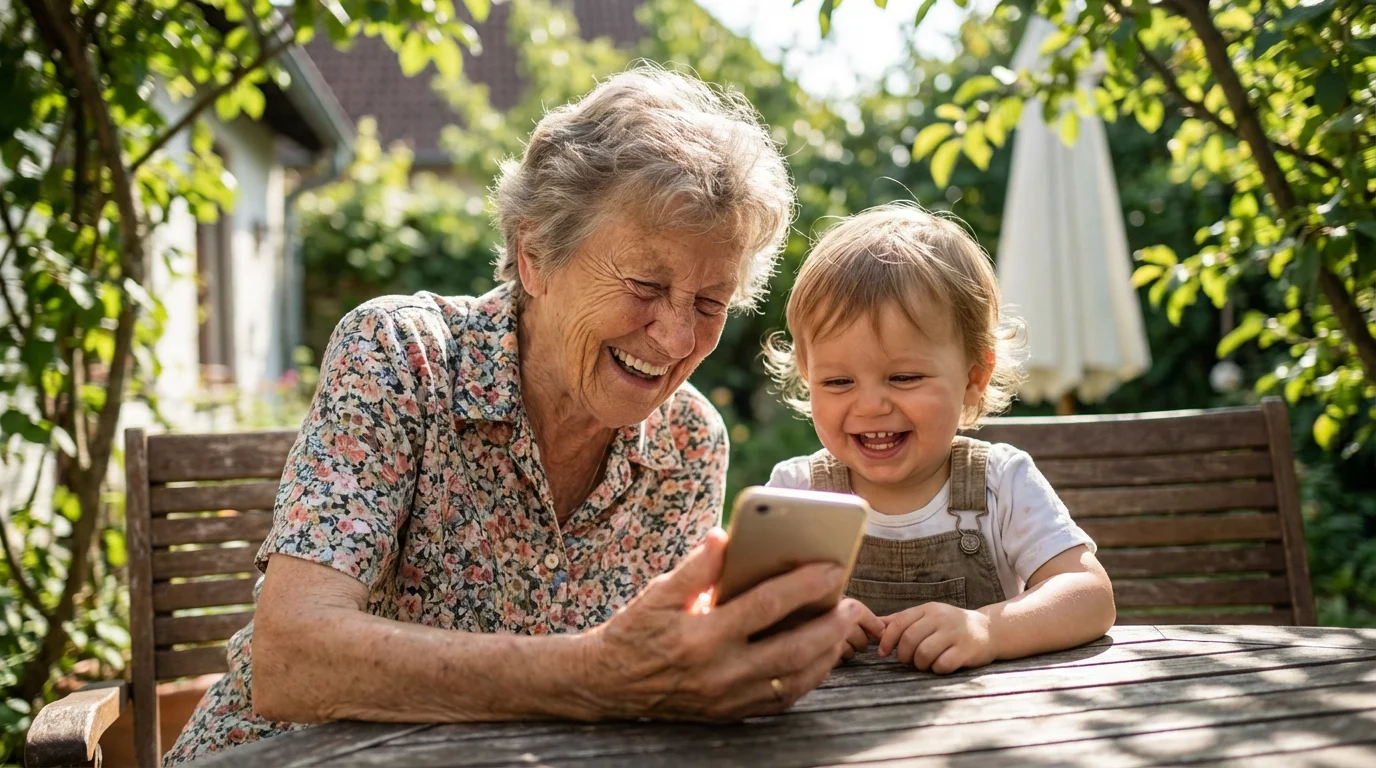 A grandmother and grandchild laughing while looking at a smartphone in a garden.