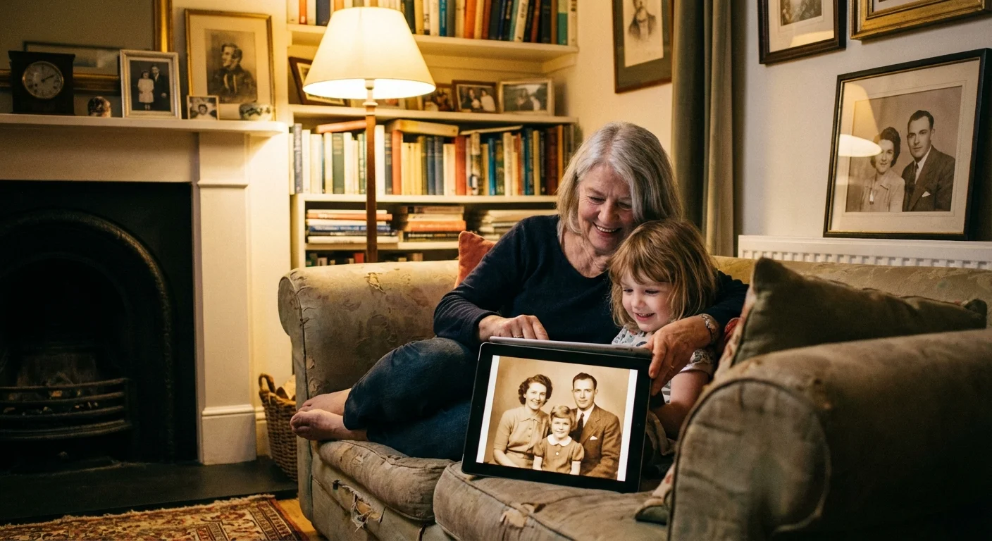 A grandmother and grandchild looking at digital family photos together on a tablet.