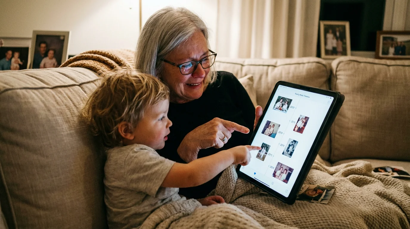 A grandmother and grandchild sharing family memories on a digital tablet.