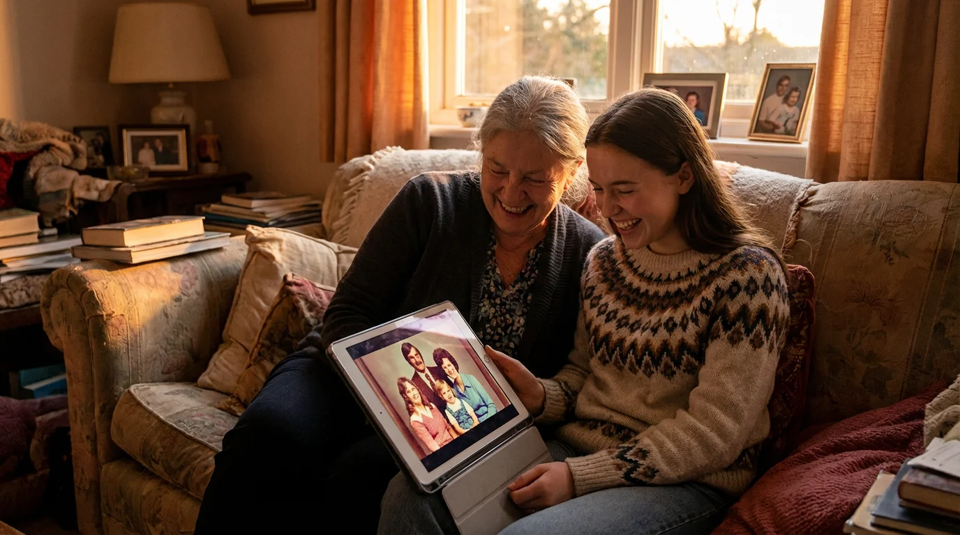 A grandmother and granddaughter looking at old photos on a tablet together.