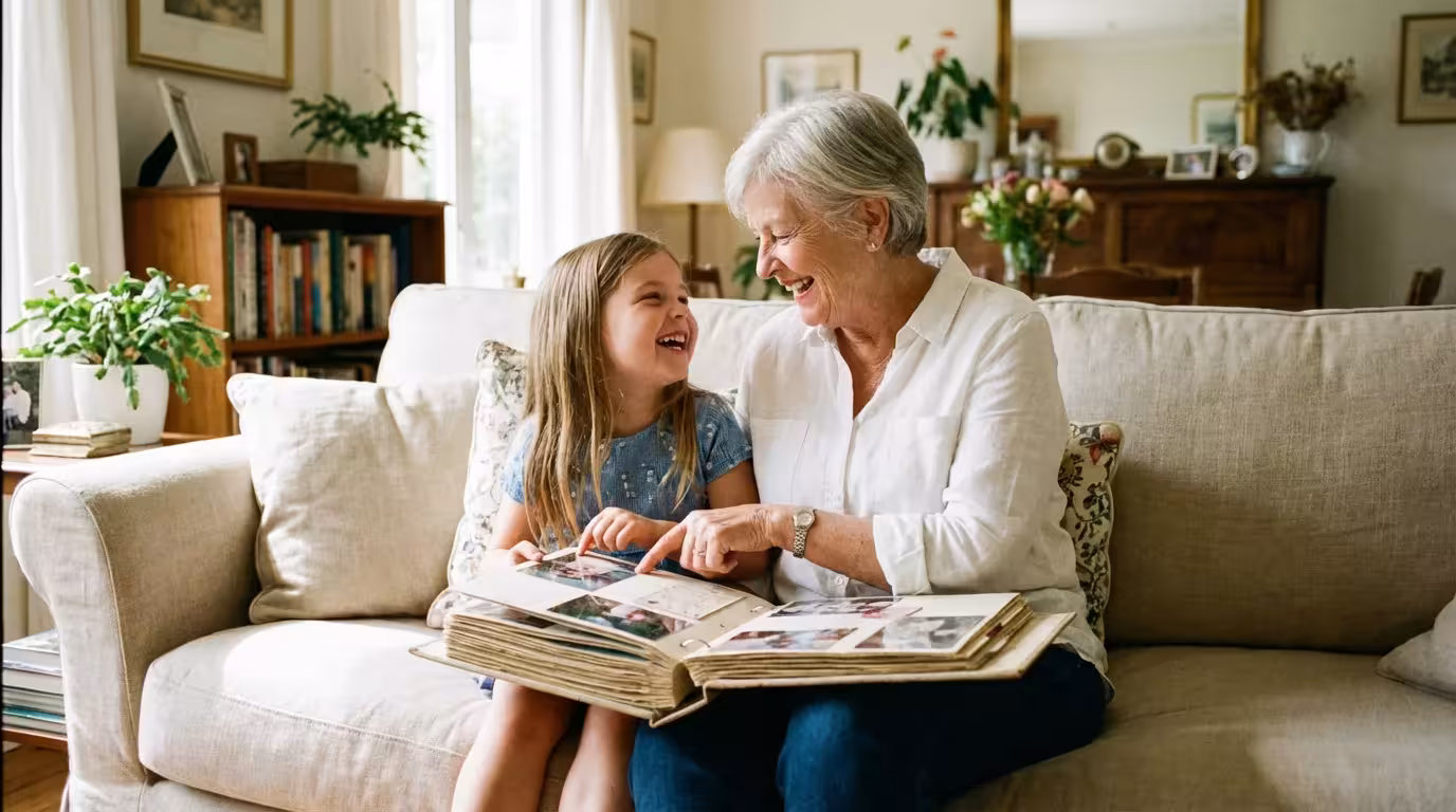 A grandmother and granddaughter sharing a moment while looking at a physical scrapbook together.