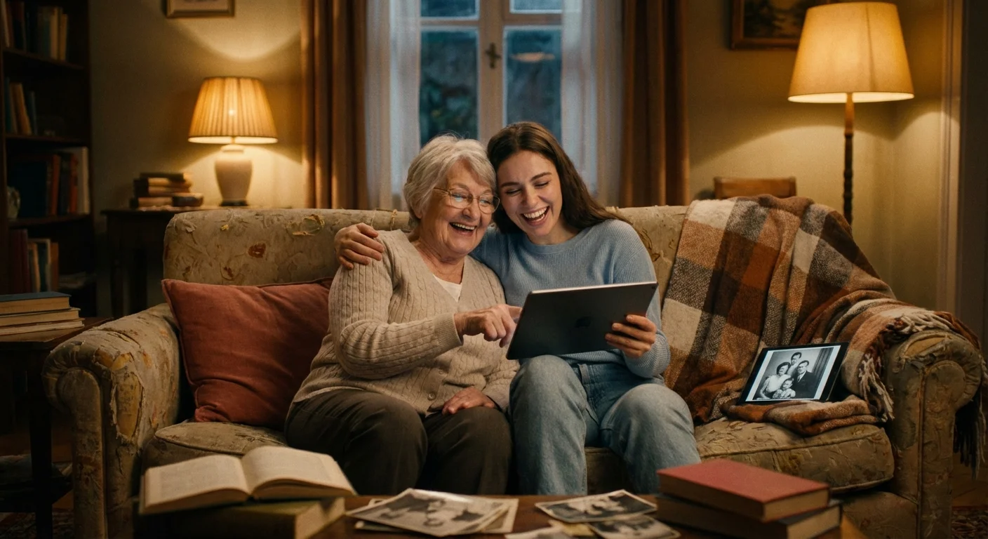 A grandmother and granddaughter smiling while looking at old family photos on a tablet.