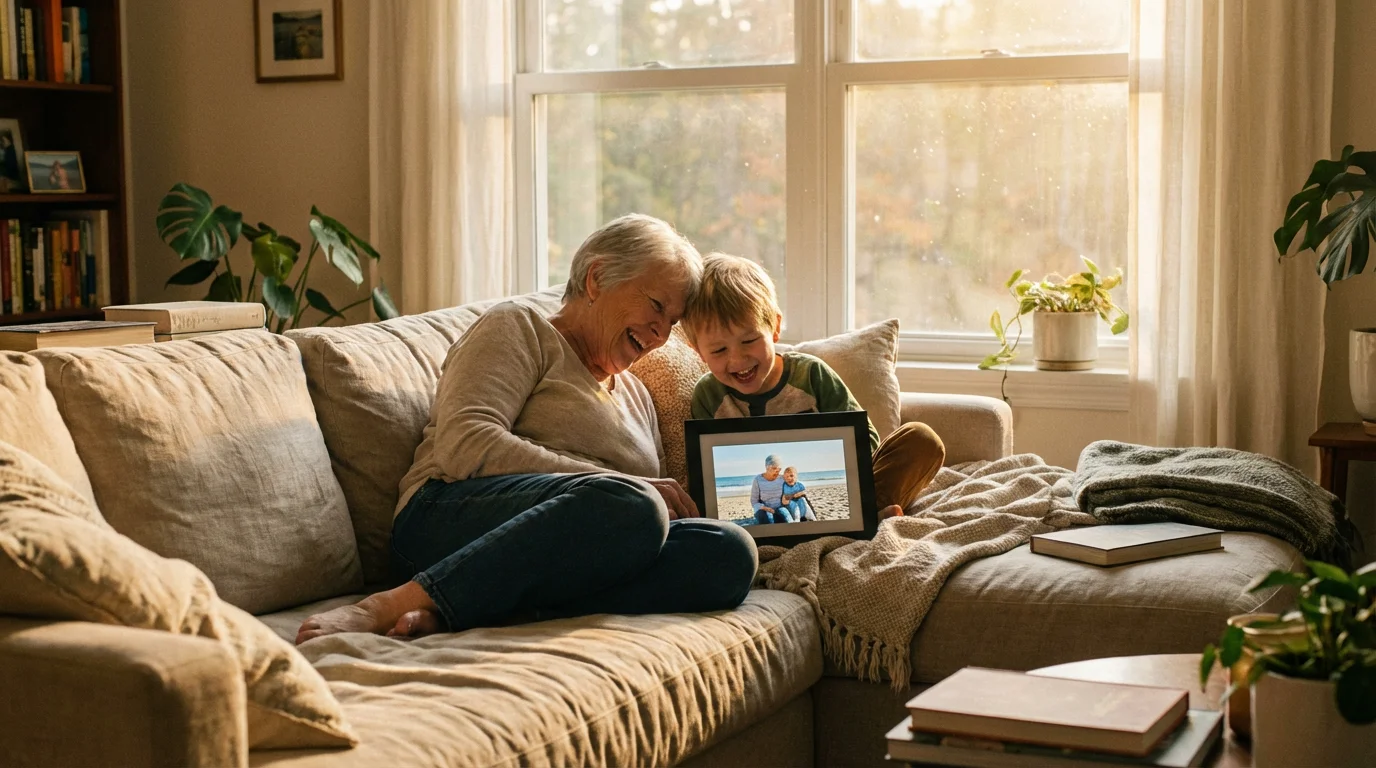 A grandmother and grandson laughing together while looking at a digital photo frame on a coffee table.
