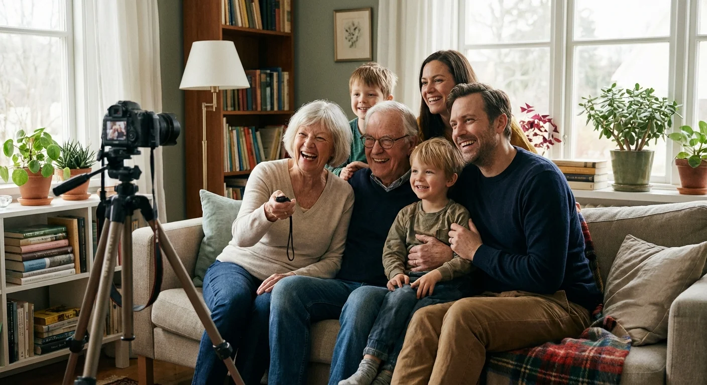 A grandmother holding a remote shutter while posing with her family.