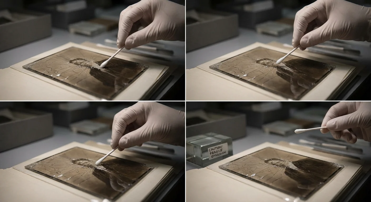 A hand cautiously pulling a cleaning tool away from a fragile vintage photograph.