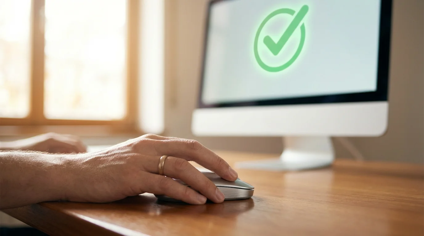 A hand clicking a mouse with a green checkmark visible on the computer screen.