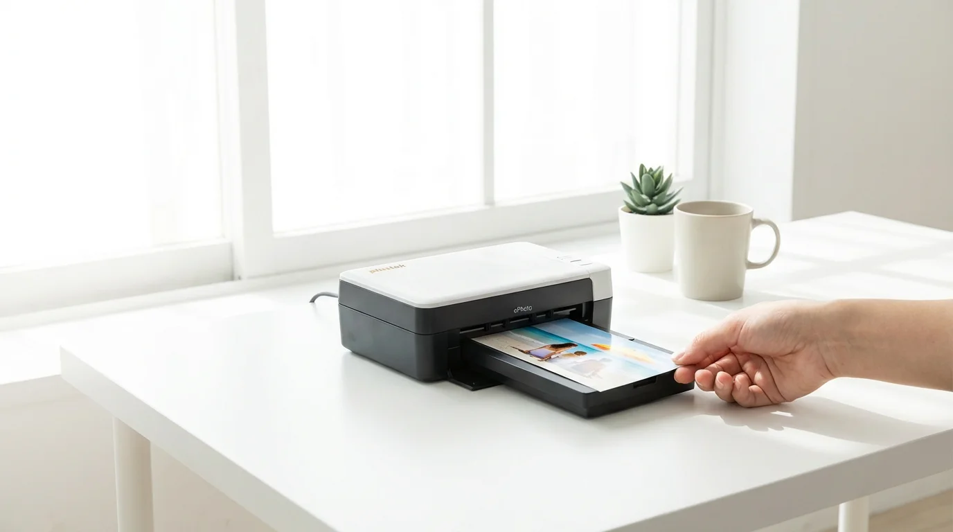 A hand feeding a photo into a compact, modern Plustek ePhoto scanner on a clean desk.
