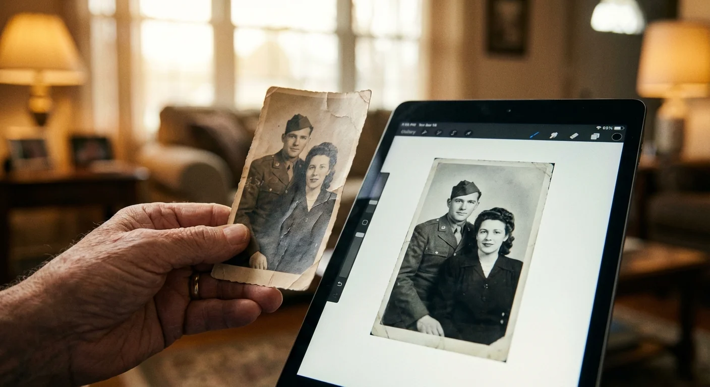 A hand holds a vintage black and white photo next to a digital tablet displaying the same image.