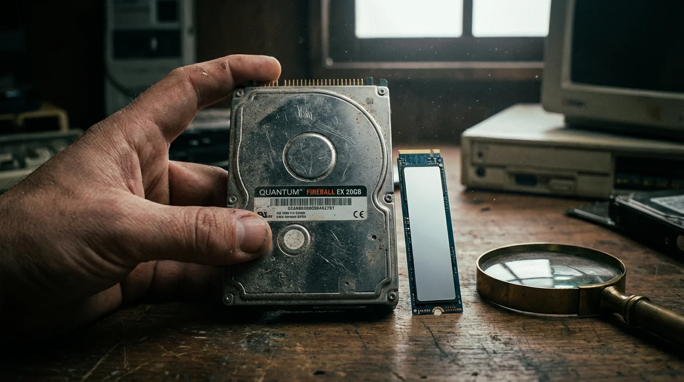A hand inspecting an old hard drive next to a new SSD, symbolizing the aging of technology.