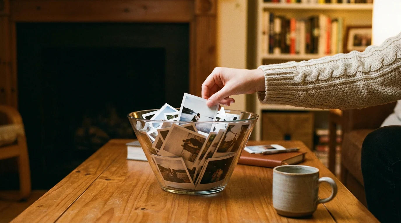 A hand picking up a photo from a decorative bowl on a coffee table.