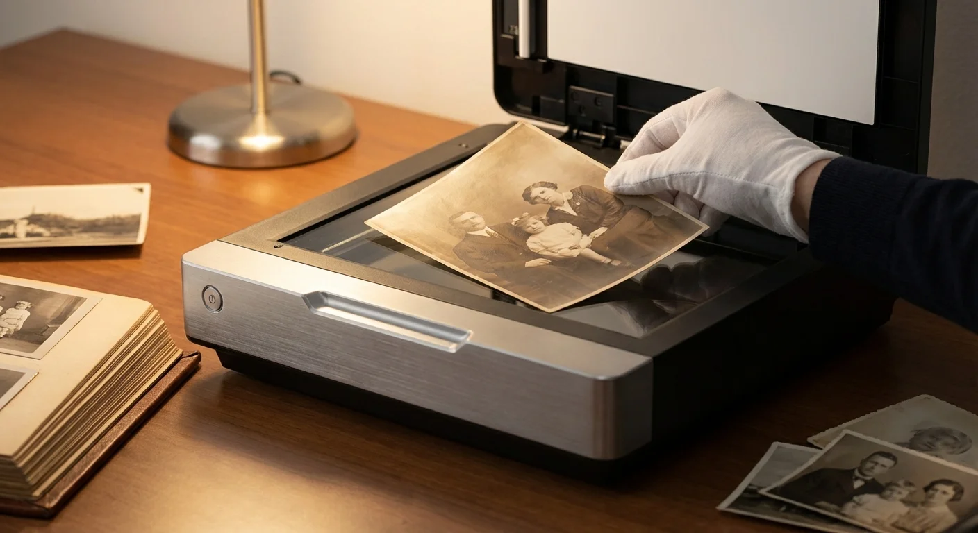 A hand places a vintage sepia photo onto a modern flatbed scanner.