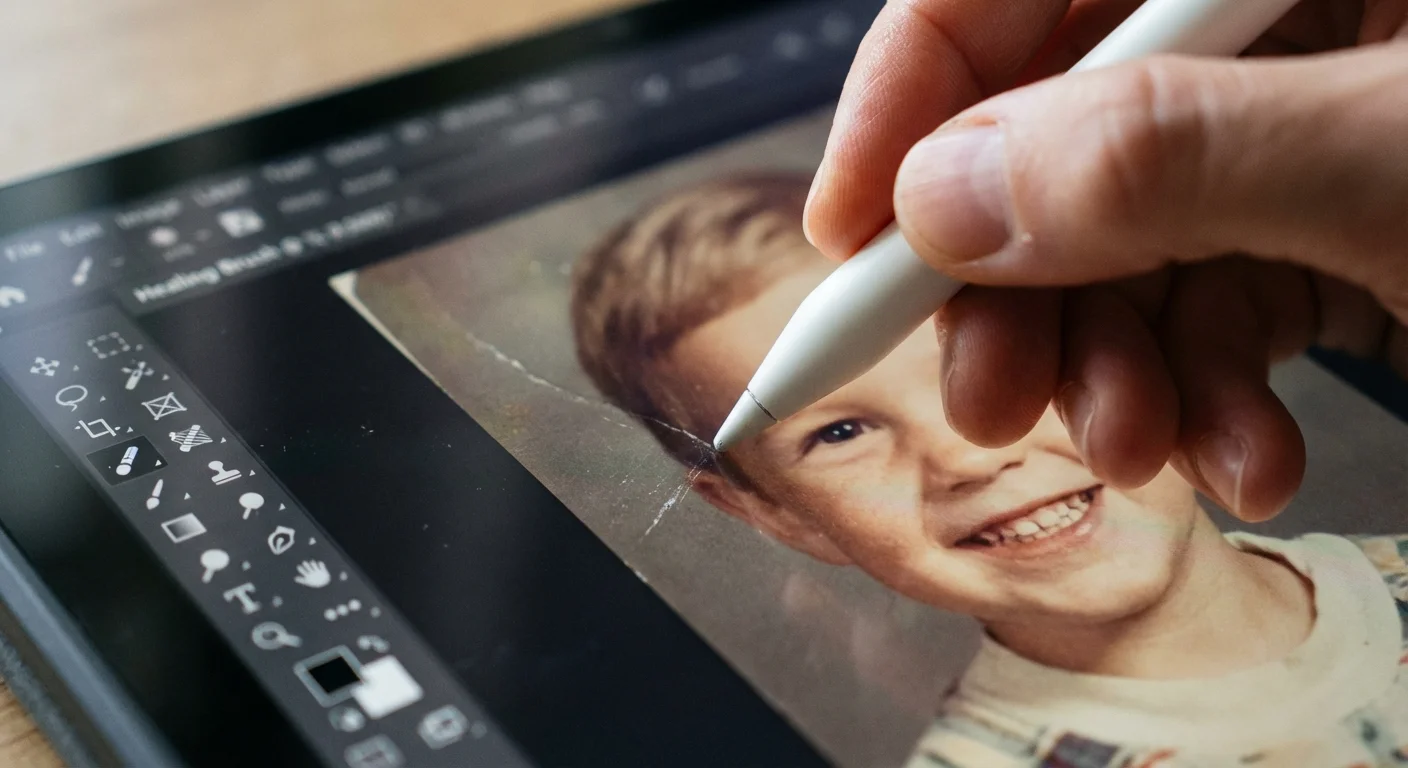 A hand using a stylus to digitally repair a scratch on a photo on a screen.