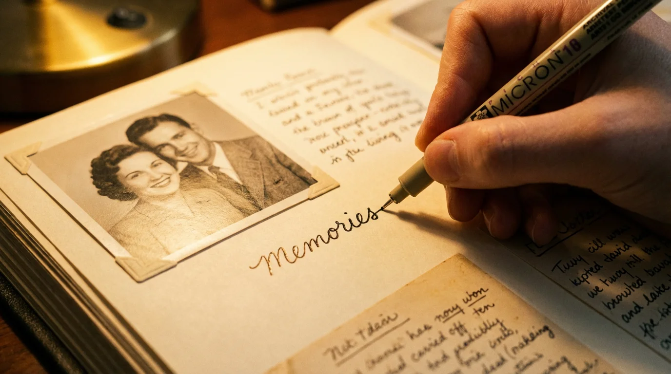 A hand writing a personal memory next to a photograph in a scrapbook using an archival pen.