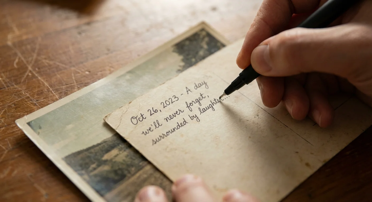 A hand writing notes on the back of a printed photograph to preserve its story.