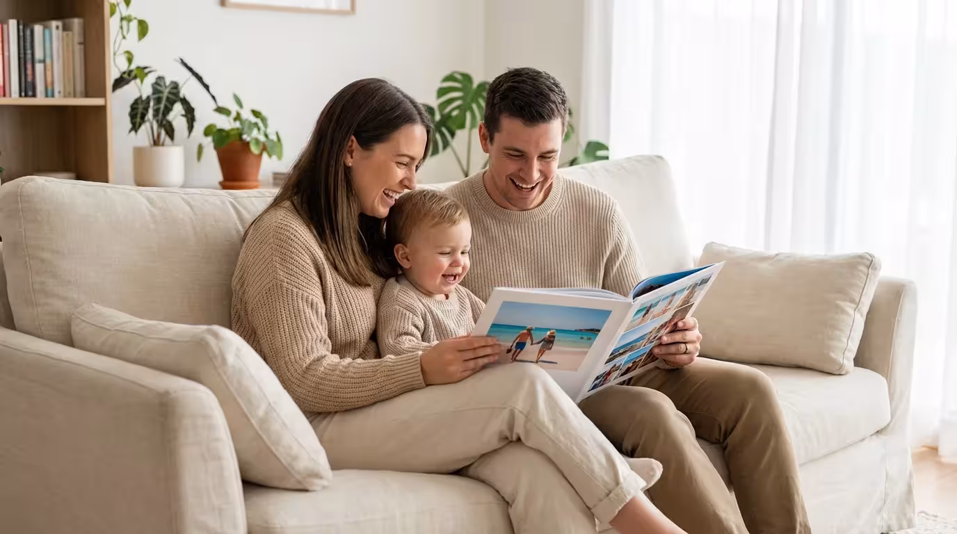 A happy family looking at a colorful Shutterfly photo book together on a couch.