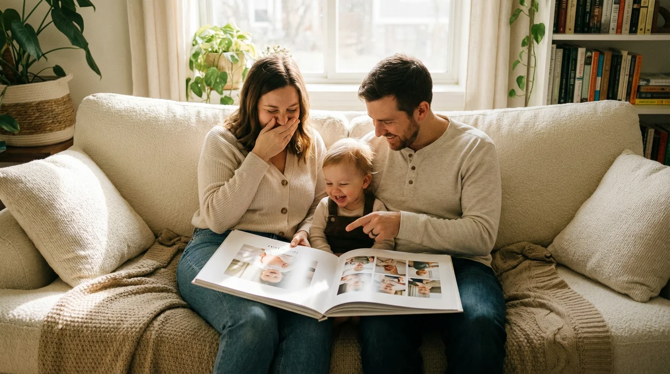 A happy family sharing memories while looking at a large photo yearbook together on a couch.