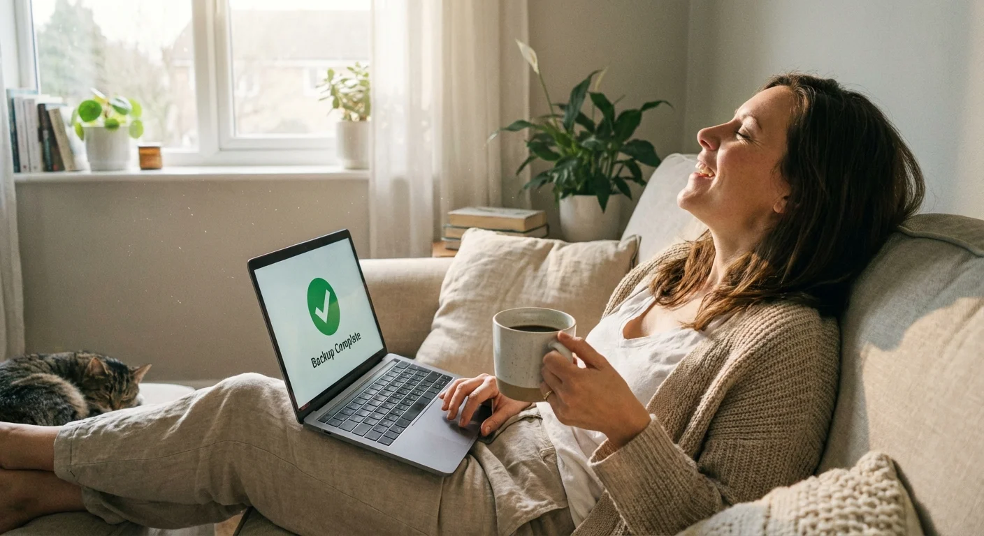 A happy person with a coffee looking at a completed backup notification on their laptop.