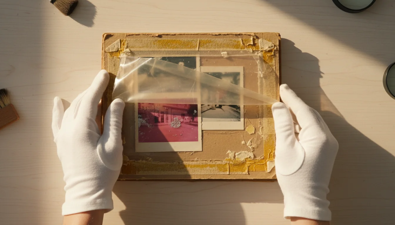 A high angle flat lay view of gloved hands carefully examining a damaged vintage 'magnetic' photo album page with yellowed glue, brittle plastic, and discolored photos.