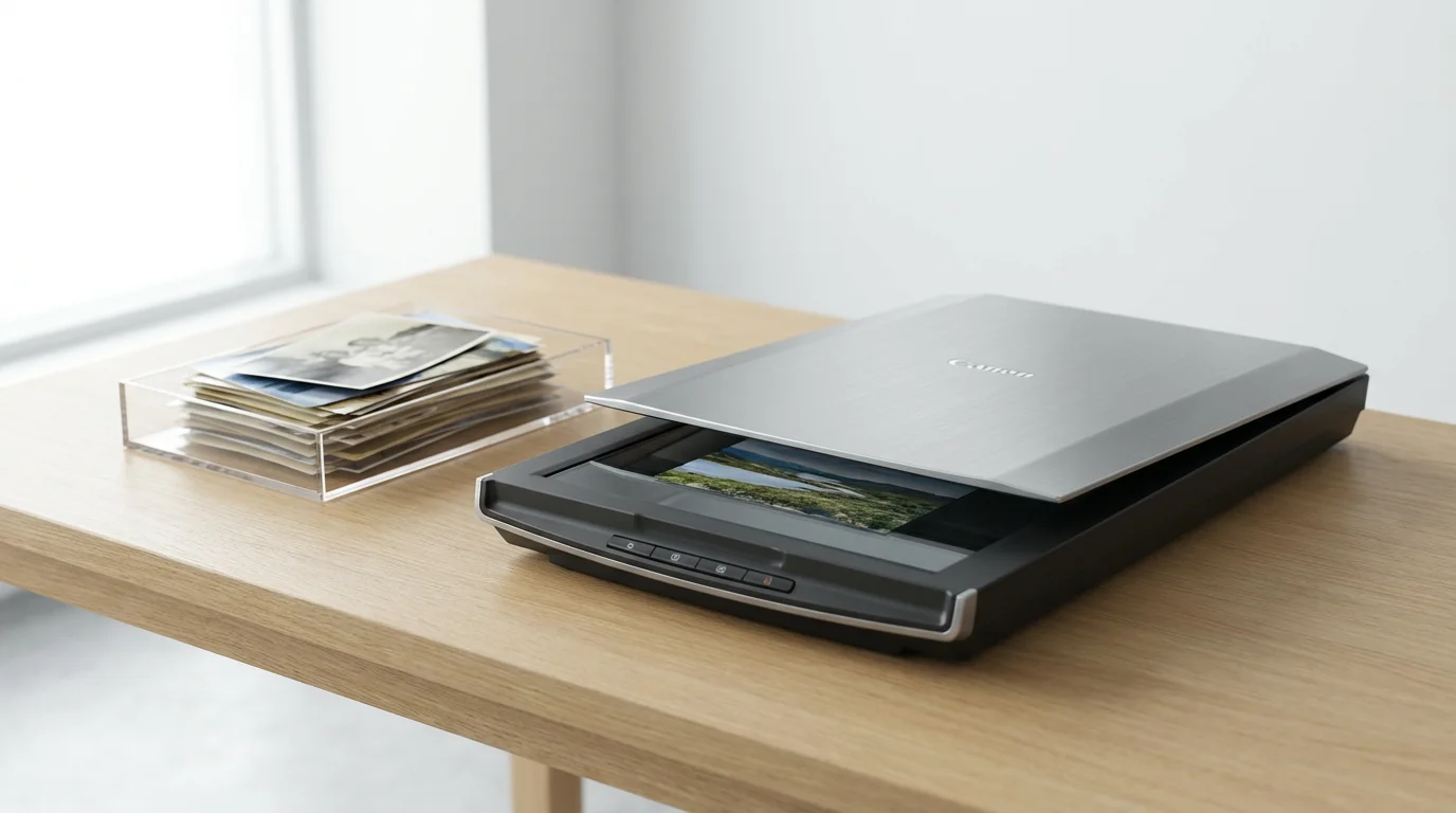 A high-quality flatbed photo scanner positioned on a clean, modern workspace.