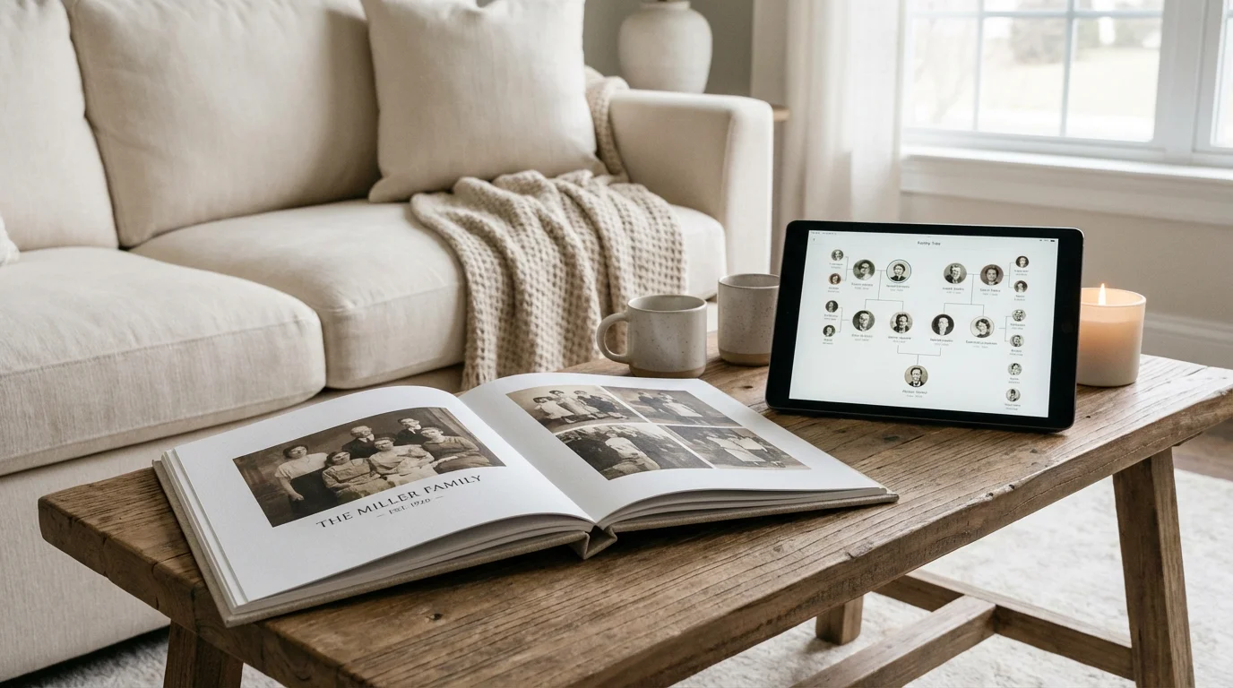 A high-quality photo book and a tablet displaying family history side-by-side.
