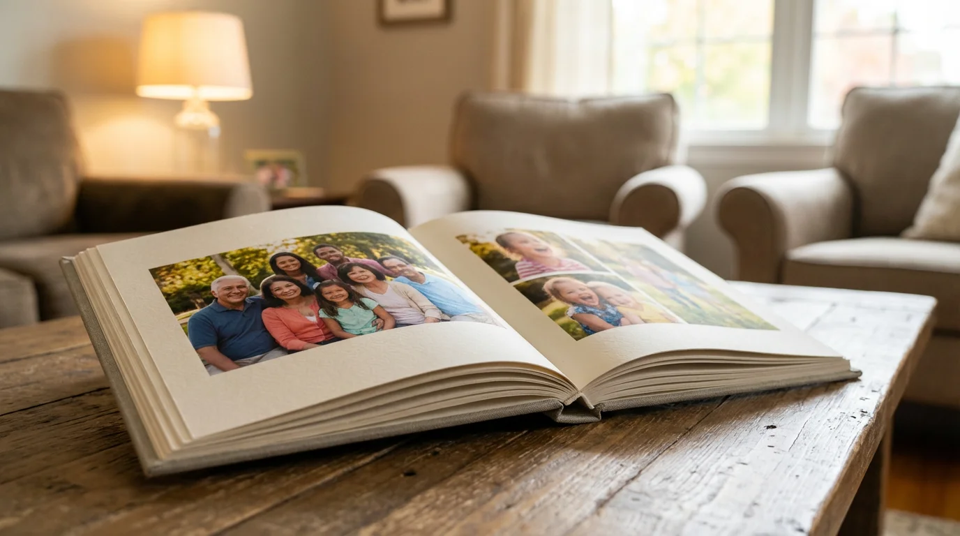 A high-quality printed photo book open on a table in a stylish living room.