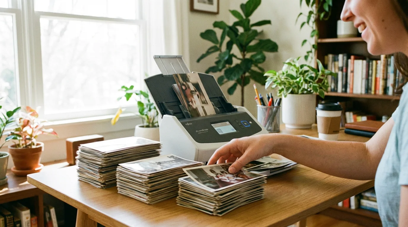 A high-speed photo scanner processing a large stack of family photographs quickly.