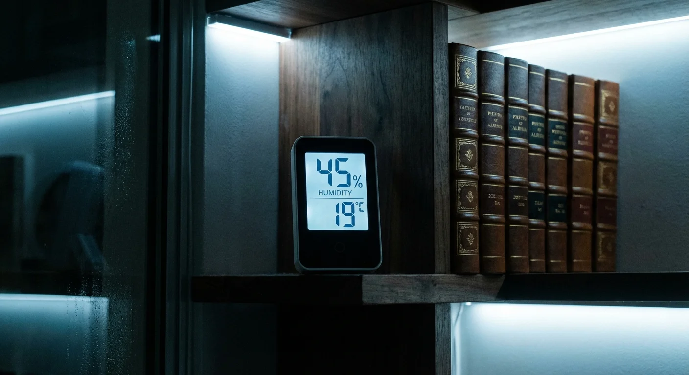 A hygrometer showing humidity levels sitting next to photo albums on a shelf.