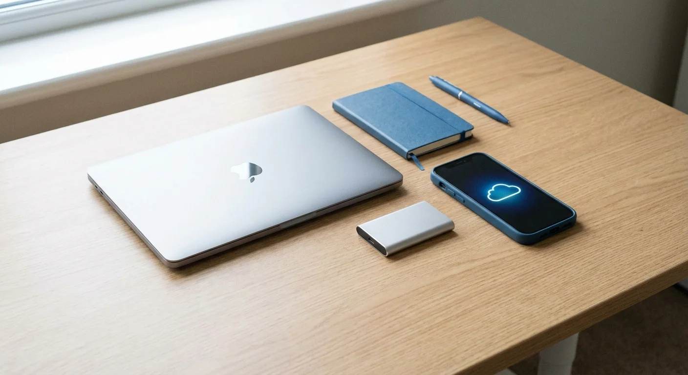 A laptop, an external drive, and a phone representing the three layers of the 3-2-1 backup rule.