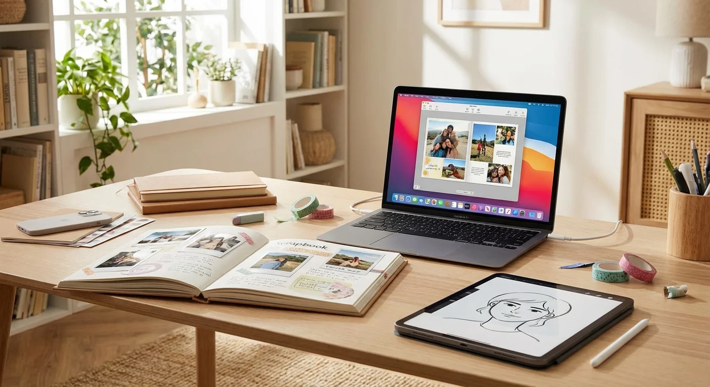 A laptop and a physical scrapbook side-by-side on a desk, showing hybrid crafting.