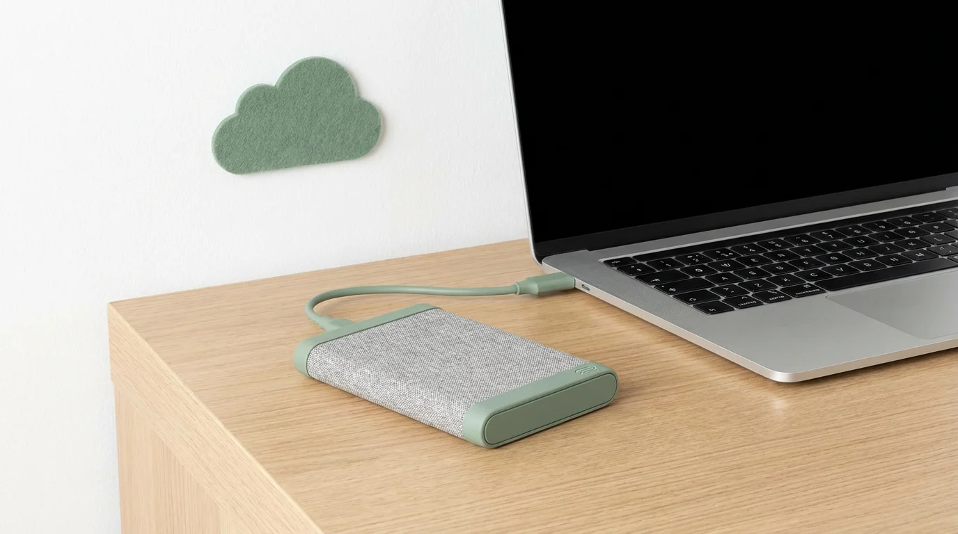 A laptop and external hard drive on a desk, representing data backup.