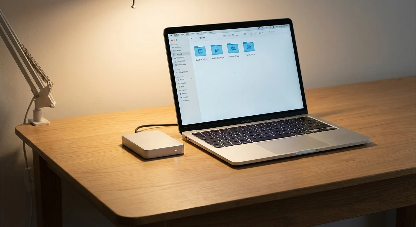 A laptop and external hard drive on a desk, representing digital photo backup and security.
