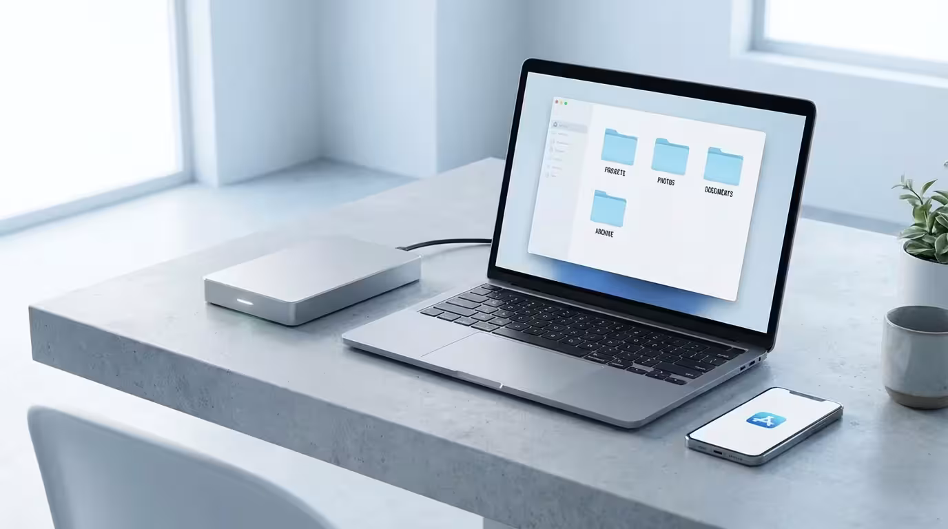 A laptop and hard drive on a clean desk, representing digital photo organization.