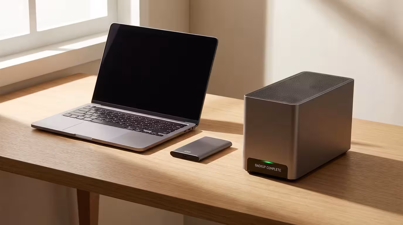 A laptop and two different external drives arranged neatly on a desk to show the 3-2-1 strategy.