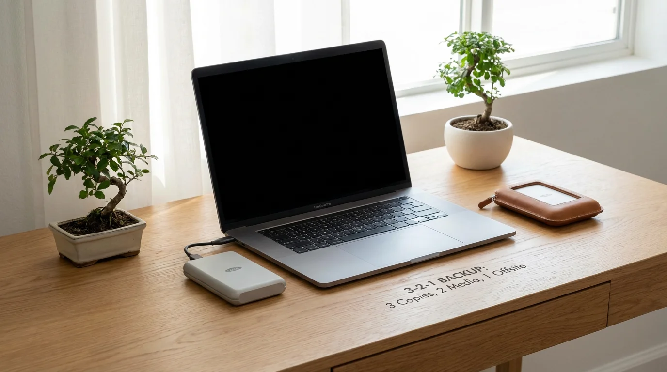 A laptop and two external hard drives arranged neatly on a modern desk.