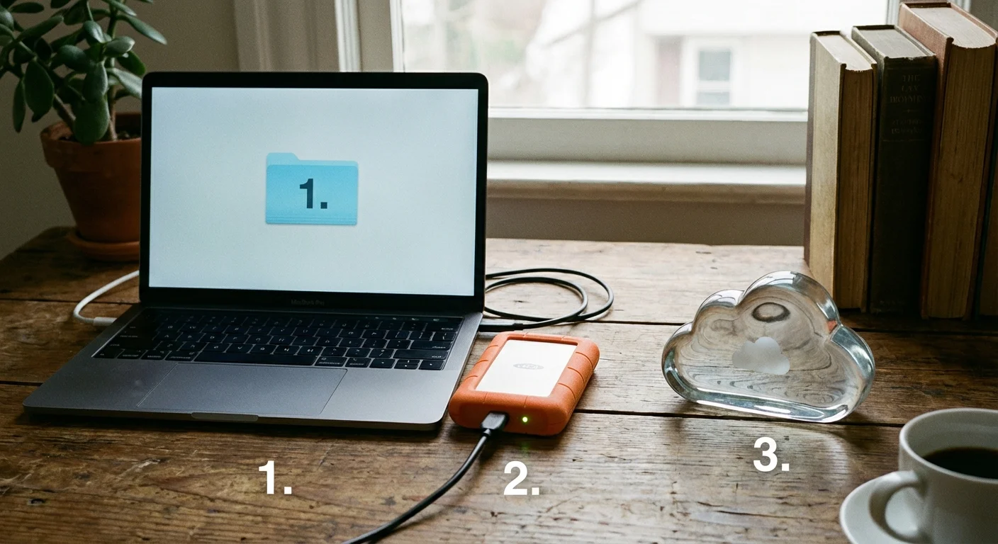A laptop, hard drive, and glass ornament arranged to represent the 3-2-1 backup rule.