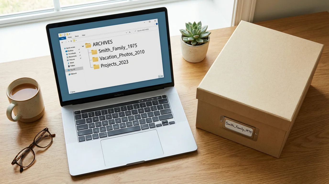 A laptop screen showing organized digital folders next to a matching physical photo box.