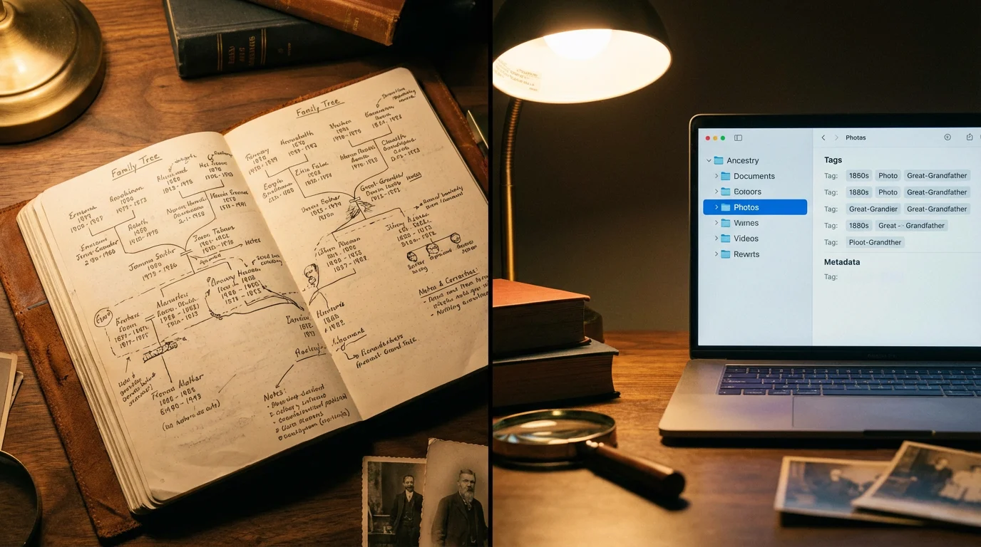 A laptop screen showing organized digital folders next to a notebook with a family tree.