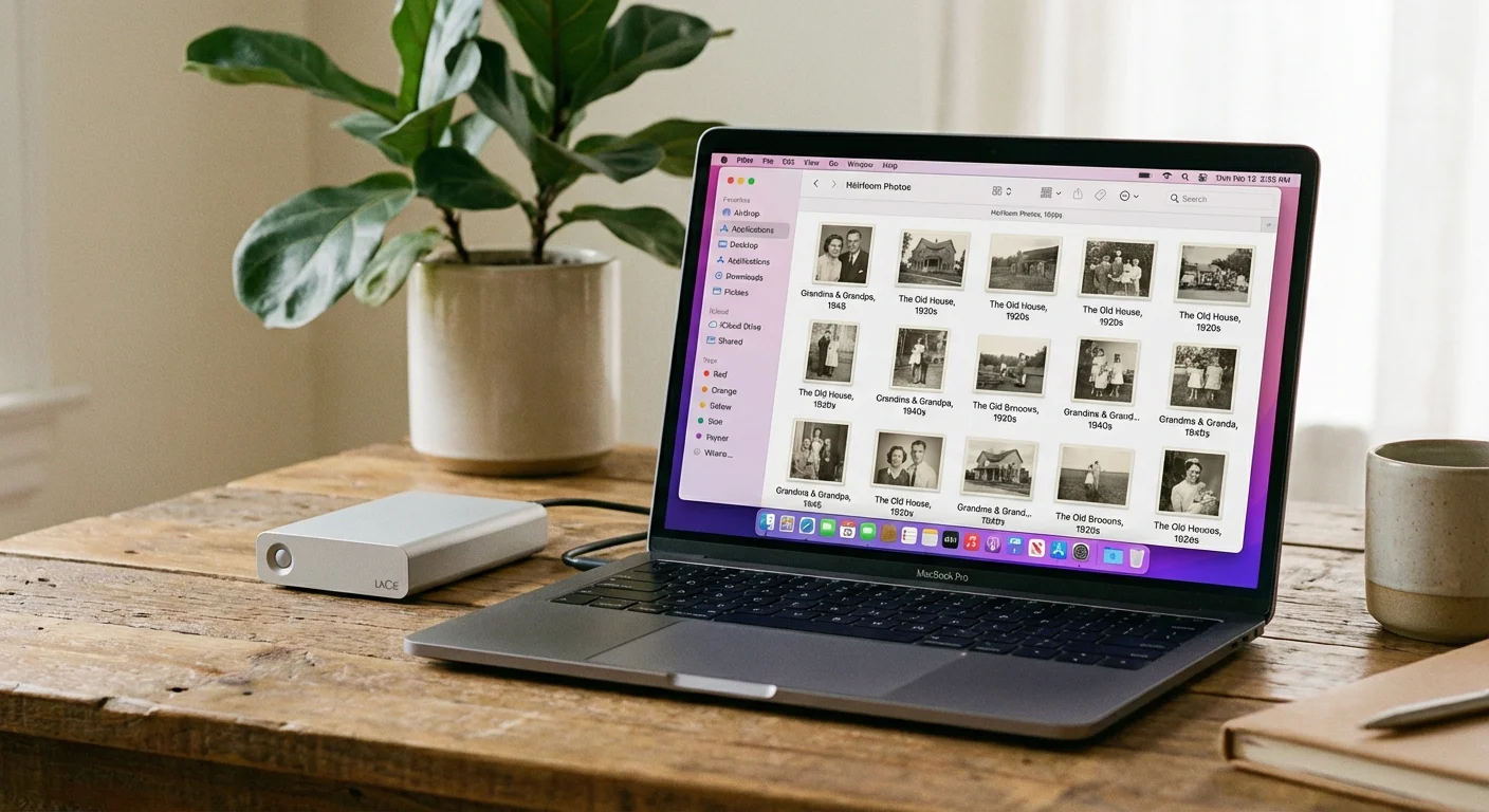 A laptop screen showing organized folders of heirloom photos next to an external hard drive.