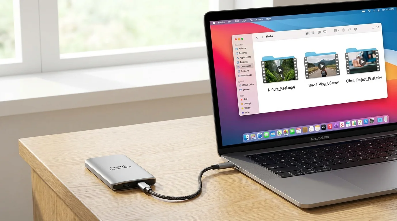 A laptop screen showing organized video files next to a sleek external hard drive.