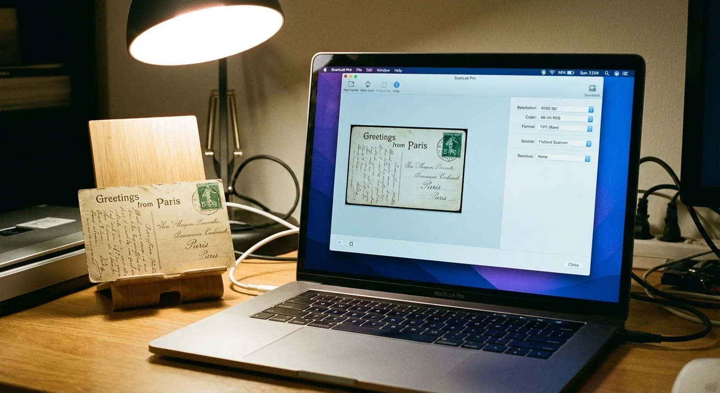 A laptop screen showing scanning software settings next to a physical vintage postcard.