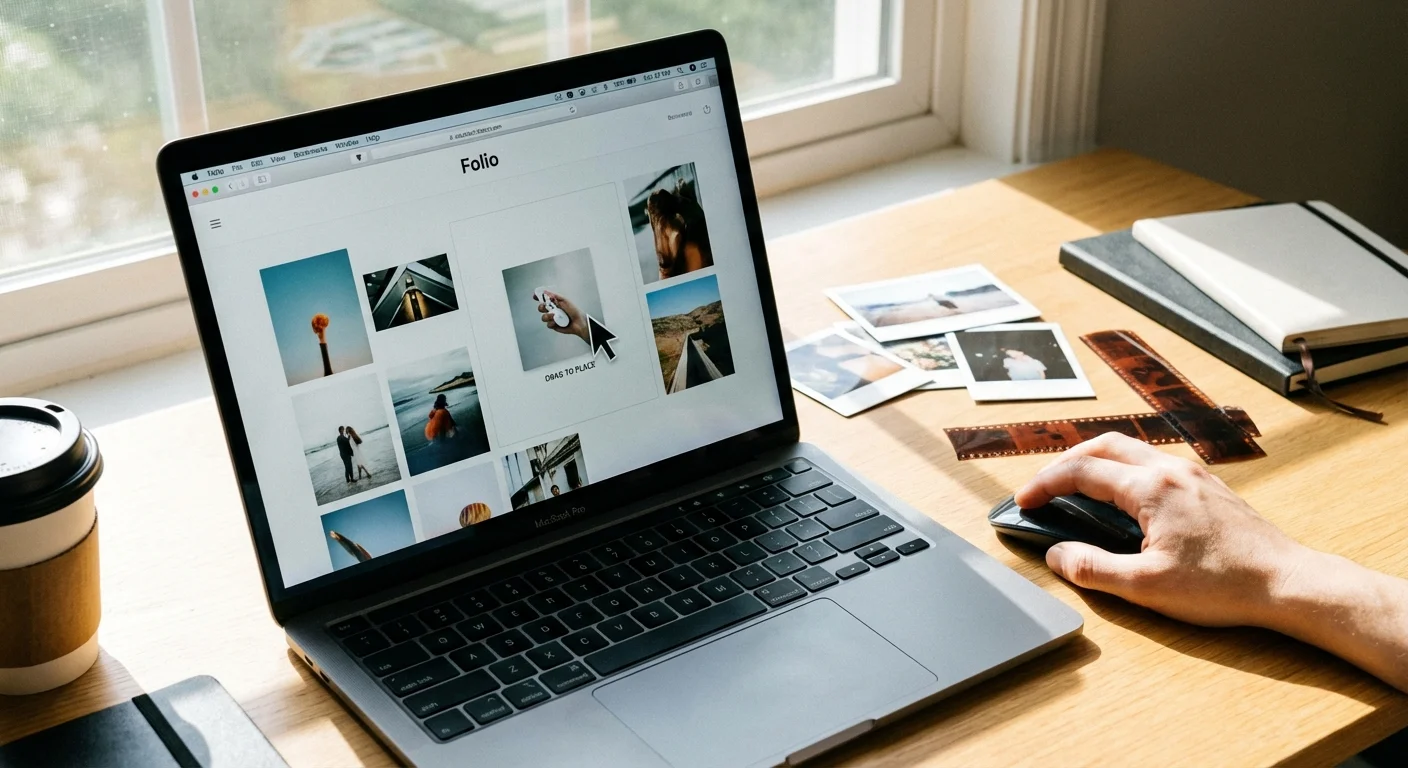 A laptop showing a digital zine layout next to physical photographs on a workspace.