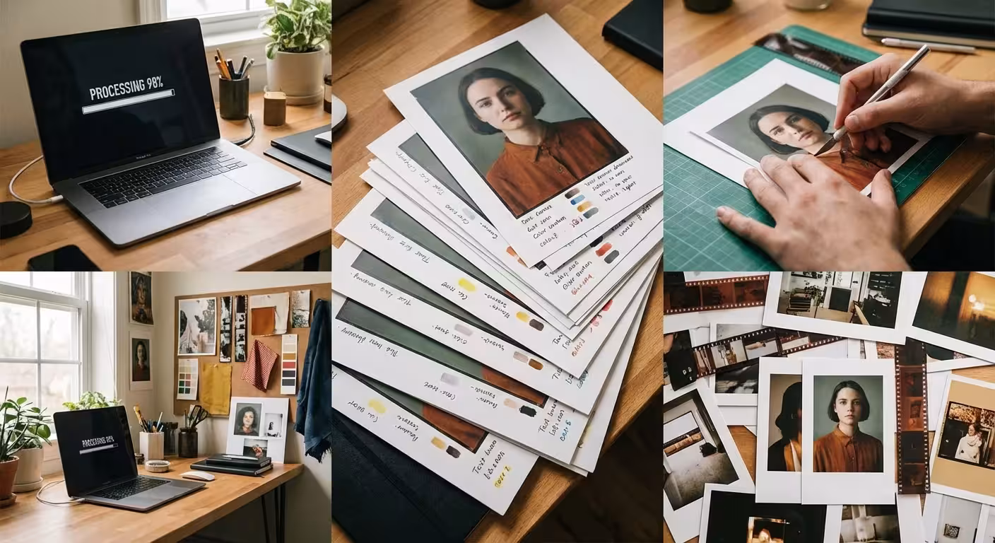 A laptop showing a progress bar next to small test prints on a desk.